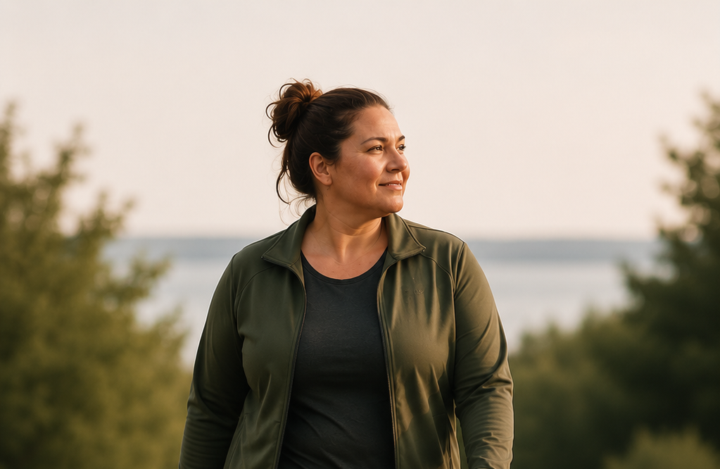 Woman walking on a path with a scenic background
